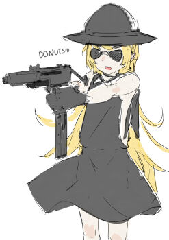 1girl absurdres aiming bare_arms bare_legs black_dress black_gloves black_hat blonde_hair bowler_hat commentary_request cowboy_shot dress english_text flipped_hair gloves gun hands_up hat highres holding long_hair monogatari_(series) open_mouth oshino_shinobu outstretched_arms pointy_ears round_teeth shishirui_san sideless_dress sidelocks simple_background sketch sleeveless sleeveless_dress solo submachine_gun sunglasses teeth two-handed uzi v-shaped_eyebrows very_long_hair weapon white_background