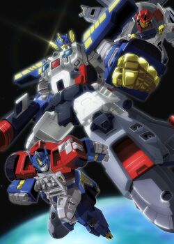 absurdres autobot convoy_(armada) earth_(planet) gattai glint gun highres holding holding_gun holding_weapon insignia jetfire komedamugi looking_at_viewer mecha mecha_focus no_humans official_style optimus_prime planet robot science_fiction space transformers transformers_armada transformers_unicron_trilogy weapon