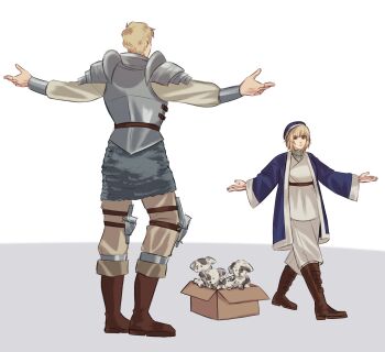 absurdres baby_animal bane_vs._pink_guy_(meme) baneposting_(meme) blonde_hair blue_robe box brother_and_sister dog dungeon_meshi falin_touden gato_elegante highres imminent_fight laios_touden meme multiple_dogs puppy robe short_hair siblings