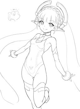 1girl breasts closed_mouth covered_navel eiyuu_densetsu greyscale groin highres kiikii_(kitsukedokoro) long_hair looking_at_viewer mare_(eiyuu_densetsu) mishy monochrome sen_no_kiseki sen_no_kiseki_(series) sen_no_kiseki_iv simple_background smile solo thighhighs twintails white_background