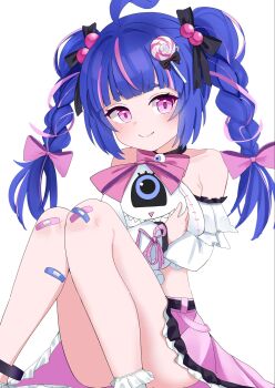 1girl absurdres ahoge bandages_on_legs blue_hair blush braid braided_twintails hair_ribbon highres holding holding_stuffed_toy indie_virtual_youtuber legs littlenii loli looking_at_viewer navel pastel_colors pink_eyes ribbon serabi_(@melancholy) simple_background sitting smile socks solo stuffed_animal stuffed_toy twintails virtual_youtuber