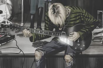 2boys black_nails blonde_hair bruise_on_knee bruise_on_leg chain chain_necklace cross cross_necklace denim fingernails green_shirt guitar head_down highres holding holding_guitar holding_instrument holding_plectrum instrument jeans jewelry long_sleeves male_focus medium_hair mullet multicolored_hair multiple_boys multiple_rings music muted_color nail_polish necklace original pants playing_guitar playing_instrument plectrum ring roots_(hair) shirt sitting solo_focus st31010 stage striped_clothes striped_shirt torn_clothes torn_jeans torn_pants