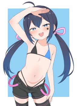 absurdres black_hair blush commission dot_nose flat_chest hair_between_eyes hand_up highres loli long_hair mugen_mochi navel original pixiv_commission smug tooteki virtual_youtuber