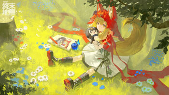 Rule 34 | 1girl, absurdres, animal ear fluff, animal ears, apple, arknights, arknights: endfield, black boots, blonde hair, boots, braid, braided bangs, bug, butterfly, cape, child's drawing, chinese commentary, closed mouth, commentary request, doll, drawing (object), dress, expressionless, flower, food, fruit, grass, hair ornament, highres, holding, holding doll, hood, hood up, hooded cape, insect, jewelry, low-tied sidelocks, necklace, orange hair, red cape, rossi (arknights), sidelocks, sitting, solo, tail, tooth necklace, tree, tree stump, w-t, white dress, wolf ears, wolf girl, wolf tail