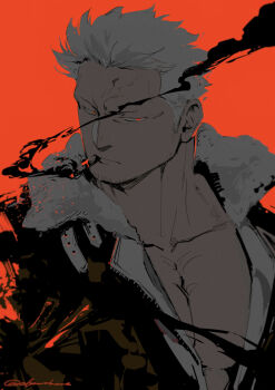 1boy black_jacket cigar closed_mouth collarbone commentary_request facial_hair fur-trimmed_jacket fur_trim goatee_stubble highres jacket kabane_(rjev8385) male_focus mouth_hold no_shirt one_piece open_clothes open_jacket pectorals red_background red_eyes short_hair simple_background smoke smoke_trail smoker_(one_piece) smoking solo stubble twitter_username upper_body white_hair zipper
