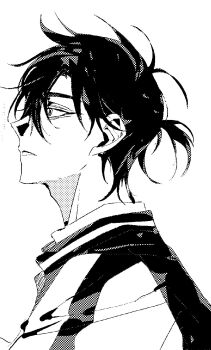 1boy antenna_hair cheng_xiaoshi commentary_request foooo_goo from_side greyscale hair_between_eyes halftone highres jacket male_focus messy_hair monochrome multicolored_jacket parted_lips ponytail profile shiguang_dailiren short_hair short_ponytail simple_background solo upper_body white_background
