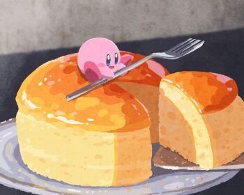 :d blue_eyes blush_stickers cheesecake commentary food fork holding holding_fork kirby kirby_(series) miclot nintendo no_humans open_mouth sitting smile solo