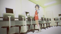 Rule 34 | 1girl, black eyes, black hair, chair, commentary request, computer, desk, dress, full body, highres, indoors, kaai yuki, kurobeko (kur0bek0), looking at viewer, monitor, office chair, red dress, short twintails, smile, socks, solo, swivel chair, twintails, vocaloid