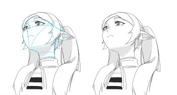 1girl absurdres acchii4414 blush capelet earrings elf expressionless frieren hair_over_shoulder head_back highres jewelry long_hair long_pointy_ears looking_up making-of_available multiple_views parted_bangs pointy_ears shirt simple_background sketch sousou_no_frieren striped_clothes striped_shirt teardrop_earrings twintails upward_angle_frieren_drawing_(meme) white_background