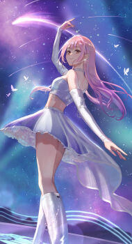 1girl absurdres arm_up aurora bare_shoulders bloom_up_(nikki) boots brown_eyes bug butterfly chain choker closed_mouth commentary_request detached_sleeves earrings feet_out_of_frame floating_hair frilled_skirt frills glint hair_between_eyes happy highres idol infinity_nikki insect jewelry knee_boots kohanai_setsuna long_hair long_sleeves looking_at_viewer looking_back meteor_shower midriff miniskirt mountainous_horizon night night_sky nikki_(series) outdoors pink_hair pleated_skirt shooting_star skirt skirt_set sky smile solo stage star_(sky) starry_sky strapless train_(clothing) tube_top white_boots white_choker white_skirt white_sleeves white_tube_top