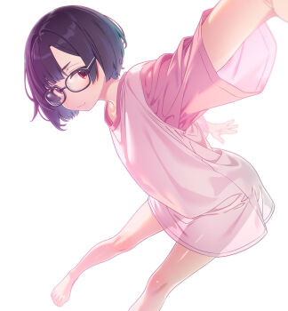 1girl absurdres barefoot black-framed_eyewear black_hair closed_mouth commentary_request copyright_request glasses highres long_sleeves looking_at_viewer pink_shirt purple_eyes sakuya_tsuitachi see-through_clothes see-through_shirt shirt simple_background solo standing virtual_youtuber white_background