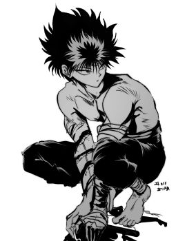 1boy bandaged_arm bandages barefoot black_hair hands_on_ground hiei4455 hiei_(yu_yu_hakusho) male_focus solo spiked_hair squatting topless_male white_background yuu_yuu_hakusho