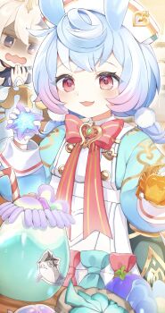 Rule 34 | 2girls, absurdres, animal, apron, aqua hair, blue bow, blush, bow, bowtie, commentary request, crab, genshin impact, gloves, hair between eyes, heart, highres, holding, holding animal, long sleeves, looking at viewer, multicolored hair, multiple girls, open mouth, paimon (genshin impact), pink bow, pink bowtie, pink eyes, pink hair, shirochan, short twintails, sigewinne (genshin impact), smile, starfish, thighhighs, twintails, white apron, white gloves, white hair, white thighhighs, yume kawaii