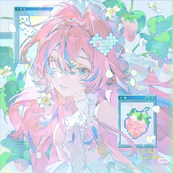 1girl bad_source flower food fruit hair_flower hair_ornament highres leaf long_hair pink_eyes pink_hair skirt strawberry upper_body w_zhengz white_skirt