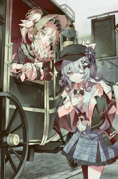 2girls asymmetrical_legwear bird_hat_ornament black_capelet black_pantyhose blonde_hair blue_hair blue_skirt braid braided_hair_rings butler_bowing capelet carriage deerstalker dress frilled_dress frilled_skirt frills green_bonnet hair_rings hand_fan hat highres holding holding_fan horse leaning_out_of_window mahou_shoujo_no_majo_saiban maidcode1023 multiple_girls one_eye_closed outdoors pantyhose short_hair single_leg_pantyhose skirt tachibana_sherry tono_hanna