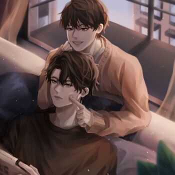 2boys :d aegyo_sal asamanemo balcony black_eyes black_hair black_shirt cheek_poking commentary controller couch curtains game_controller grin hand_on_own_chin head_rest highres holding holding_controller holding_game_controller kim_dokja light_particles male_focus multiple_boys omniscient_reader's_viewpoint open_mouth open_window plant poking potted_plant shirt short_hair smile sweater symbol-only_commentary unamused upper_body white_shirt wind window yaoi yoo_joonghyuk