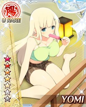 1girl aqua_eyes blonde_hair breasts brown_shorts card_(medium) cleavage closed_mouth food food_in_mouth game_cg green_hair_ornament green_tank_top hair_ornament hairclip large_breasts long_hair looking_at_viewer midriff non-web_source official_alternate_costume official_art popsicle popsicle_in_mouth saliva senran_kagura senran_kagura_new_wave shorts sitting smile solo tank_top tatami wariza yomi_(senran_kagura)
