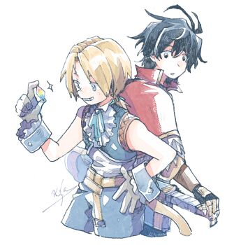 Rule 34 | 2boys, ahoge, aldo (another eden), another eden, artist name, black hair, blue eyes, blue pants, blue vest, blue wrist cuffs, cat tail, commentary request, cowboy shot, cropped legs, crossover, crystal, final fantasy, final fantasy ix, gloves, grey gloves, grin, hair between eyes, hand on own hip, jacket, looking at another, low ponytail, male focus, michibata 65, multiple boys, pants, parted bangs, parted lips, ponytail, red jacket, shirt, sleeveless, sleeveless shirt, smile, sparkle, tail, teeth, vest, white background, white shirt, wrist cuffs, zidane tribal