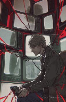 1boy absurdres bloober_team brown_hair closed_mouth crt from_side highres holding_tape james_sunderland konami long_sleeves male_focus nyeigneous remake short_hair silent_hill_(series) silent_hill_2 silent_hill_2_(remake) sitting solo tape videocassette