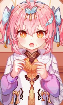 Rule 34 | 1girl, aemeath (wuthering waves), aged down, ahoge, blush, bow, commentary, dress, food, hair bow, hair ornament, highres, holding, holding food, multiple hair bows, open mouth, pink hair, solo, star-shaped pupils, star (symbol), symbol-shaped pupils, tinia etru, upper body, white bow, white dress, wuthering waves