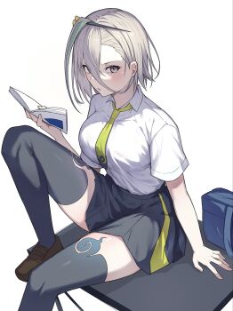 Rule 34 | 1girl, book, breasts, collared shirt, commentary request, desk, fate/grand order, fate (series), green hair, grey eyes, grey skirt, hair between eyes, hair ornament, hair stick, highres, huyan zhuo (fate), huyan zhuo (heartbeat iron clubs) (fate), large breasts, looking at viewer, multicolored hair, natu zame, necktie, shirt, short hair, short sleeves, sitting, skirt, solo, streaked hair, thighs, white hair, white shirt