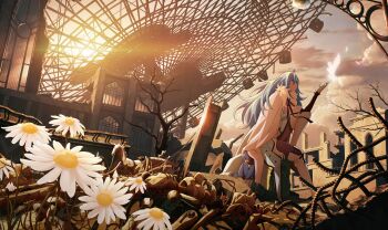 1girl ahoge android aqua_eyes aqua_hair black_pantyhose boots box_art breasts cape cleavage closed_mouth concrete daisy_(flower) dress ferris_wheel flower fur-trimmed_cape fur_trim gloves glowing_bird gradient_sky highres long_hair matsumoto_(vivy) neck_ribbon off-shoulder_dress off_shoulder official_art outstretched_hand pantyhose rebar ribbon ruins sitting sky solo stuffed_animal stuffed_toy teddy_bear thigh_boots third-party_source vivy vivy:_fluorite_eye's_song