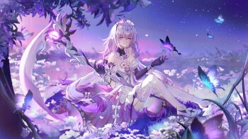 1girl bare_shoulders black_gloves blue_butterfly breasts bug butterfly castorice_(honkai:_star_rail) cleavage commentary_request dress field flower flower_field full_body gloves hair_between_eyes hair_ornament highres holding honkai:_star_rail honkai_(series) insect liangji_uu long_hair looking_at_viewer pink_eyes pointy_ears purple_eyes sitting sky solo staff swing thighhighs tree white_dress white_hair white_thighhighs