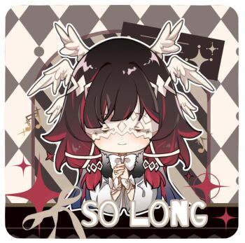 Rule 34 | 1girl, argyle background, black hair, border, bow, chibi, chibi only, closed eyes, closed mouth, coat, columbina (genshin impact), commentary request, dongzhiji519, eye mask, facing viewer, fatui coat, fur-trimmed coat, fur trim, genshin impact, gradient hair, hair ribbon, head wings, highres, interlocked fingers, long hair, mask, multicolored hair, musical note, outline, own hands clasped, own hands together, red hair, red streaks, ribbon, smile, solo, straight-on, two-tone hair, white border, white bow, white coat, white outline, white ribbon, white wings, wings, wrist bow