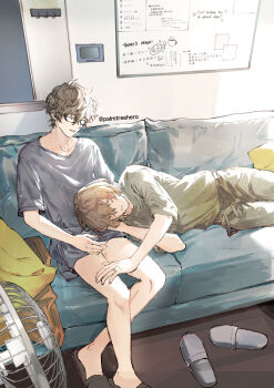 Rule 34 | 2boys, akechi gorou, amamiya ren, bite mark, bite mark on neck, bite mark on thigh, black-framed eyewear, brown hair, closed eyes, closed mouth, collarbone, commentary, couch, electric fan, english commentary, glasses, grey shirt, hair between eyes, hickey, highres, indoors, jewelry, lap pillow, lying, male focus, morning after, multiple bite marks, multiple boys, on couch, on side, open mouth, palmtreehero, persona, persona 5, pillow, rectangular eyewear, ring, shirt, shirt tucked in, short hair, sitting, slippers, translation request, wedding ring, whiteboard, yaoi