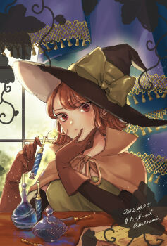 Rule 34 | 1girl, 2022, black hat, black sleeves, bow, cape, commentary request, curtains, dated, dragon quest, dragon quest iii, dress, gloves, green bow, green dress, hand on own cheek, hand on own face, hat, hat bow, highres, holding, holding vial, looking at viewer, looking to the side, mage (dq3), merami, orange cape, orange gloves, orange hair, paper, red eyes, short hair, solo, upper body, vial, window, witch hat