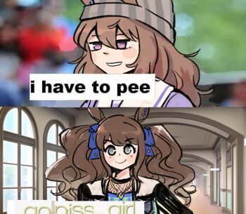 2girls animal_ears aqua_shirt argyle_clothes argyle_shirt beanie black_jacket black_shirt blue_bow blue_shirt blurry blurry_background blush_stickers bow brown_hair closed_mouth collared_jacket commentary day dot_nose ear_ornament ears_through_headwear english_commentary eyelashes fishnet_top fishnets game_screenshot_background gold_necklace grey_eyes grey_hat grin hair_between_eyes hair_bow hallway hand_on_own_hip happycricketbox hat highres horse_ears horse_girl indoors jacket jewelry jitome layered_shirt long_sleeves looking_ahead looking_at_viewer loose_hair_strand meme meme_request multiple_girls nakayama_festa_(umamusume) necklace photo_background purple_eyes sailor_collar school school_uniform screenshot_background screenshot_inset shirt smile swept_bangs tareme tosen_jordan_(jokester_vibes)_(umamusume) tosen_jordan_(umamusume) tracen_school_uniform twintails two-tone_shirt umamusume upper_body wavy_hair white_sailor_collar window