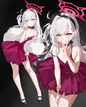 1girl bare_shoulders blue_archive blush breasts choker dema_hmw dress earrings fishnet_pantyhose fishnets full_body fur_shawl halo high_heels highres jewelry licking_lips long_hair looking_at_viewer multiple_views mutsuki_(blue_archive) mutsuki_(dress)_(blue_archive) pantyhose pearl_earrings pink_eyes pointy_ears shawl small_breasts smile tongue tongue_out white_hair