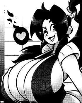 1girl artist_name breasts cleavage commentary english_commentary fatal_fury from_side gigantic_breasts greyscale hair_behind_ear heart highres huge_breasts indoors legendofnerd looking_at_viewer monochrome one_eye_closed parted_lips ponytail shiranui_mai sideboob smile solo speech_bubble spoken_heart the_king_of_fighters