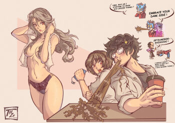 2girls 3boys absurdres amamiya_ren apron artist_self-insert beard bent_over black_panties bowing braid breasts brown_hair cellphone chibi coffee collarbone comic constricted_pupils convenient_censoring crown_braid cup disposable_cup drink drying drying_hair english_text eye_mask facial_hair glasses grey_hair groin hair_censor hair_over_breasts hamza_touijri hand_on_own_chin highres holding holding_cup holding_phone hood hoodie linea_alba lips long_hair long_sleeves looking_at_another mask medium_breasts medium_hair multiple_boys multiple_girls navel niijima_makoto niijima_sae panties pants parted_lips persona persona_5 phone red_eyes sakura_soujirou shirt short_hair siblings sisters smartphone spit_take spitting stomach surprised thinking topless_female towel towel_around_neck towel_on_head underwear underwear_only very_long_hair wet wide-eyed