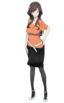 1girl black_pantyhose black_skirt breasts brown_eyes brown_hair casual fukuda_tomonori full_body game_cg hair_over_shoulder high_heels large_breasts lipstick long_hair makeup mature_female official_art orange_shirt pantyhose parted_bangs pencil_skirt red_lips robotics;notes science_adventure senomiya_misaki shiny_lips shirt shoes skirt solo white_background white_shoes