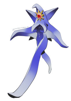 1girl artist_name blue_skin breasts colored_skin female_focus full_body furry furry_female gem gen_1_pokemon medium_breasts mega_starmie navel nintendo pokemon pokemon_(creature) red_gemstone signature simple_background solo standing starmie stomach twitter_username walking white_background yarengekiryu