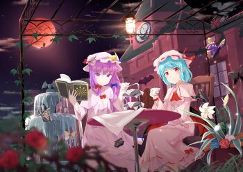 4girls ascot blue_flower blue_hair blue_rose blurry book breasts brooch bug building butterfly capelet chair cleavage clock clock_tower cloud commentary_request crescent crescent_hat_ornament cross cup demon_wings depth_of_field dress feet_out_of_frame flower flying fountain hakurei_reimu hat hat_ornament hat_ribbon highres holding holding_book holding_cup imoutochiru insect jewelry kirisame_marisa light_blush light_bulb long_hair magic_circle mob_cap moon moon_phases multiple_girls night open_book patchouli_knowledge pink_capelet pink_dress pink_hat plant purple_butterfly purple_hair red_ascot red_eyes red_flower red_moon red_ribbon red_rose remilia_scarlet ribbon rose scarlet_devil_mansion short_hair sitting smile striped_clothes striped_dress table teacup tiered_tray touhou tower vines window wings