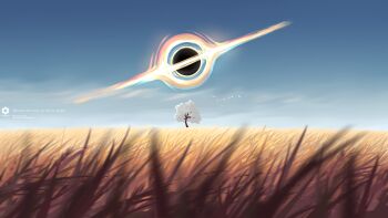 apocalypse black_hole commentary english_commentary english_text grass grey_sky highres horizon meadow no_humans original scenery sky the_protagonists_(protagonist2114) tree wind