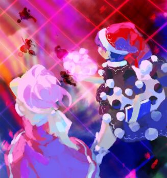 1boy 6+girls black_capelet black_dress blob blue_hair book boots broom broom_riding capelet character_request commentary_request doremy_sweet dream_soul dress facing_away floating_hair flying from_above from_behind genjii_(touhou) glowing grid hakurei_reimu hakurei_reimu_(pc-98) hand_up hat highres holding holding_book kaigen_1025 kana_anaberal kirisame_marisa kirisame_marisa_(pc-98) mima_(touhou) multicolored_dress multiple_girls nightcap orb phantasmagoria_of_dim.dream pom_pom_(clothes) puffy_sleeves red_dress red_headwear riding short_hair silhouette spirit touhou touhou_(pc-98) white_dress white_footwear witch_hat