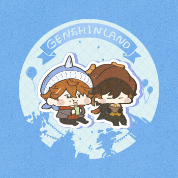 Rule 34 | 2boys, alternate costume, balloon, blue background, chibi, food, genshin impact, gils3105, highres, image sample, multiple boys, narwhal, noodles, pixiv, pixiv sample, slurping (food), tartaglia (genshin impact), winter clothes, zhongli (genshin impact)