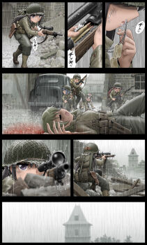 6+girls aiming akemi_homura all_fours backpack bag black_hair blonde_hair blood blood_on_clothes blue_hair bolt_action border brick_wall browning_automatic_rifle bullet car city closed_eyes combat_helmet combat_medic comic commentary cross cross_necklace dirty dirty_face dog_tags drill_hair entrenching_tool gaiters green_hair gun gun_sling handgun helmet highres holster injury jewelry kaname_madoka kiss kneeling latin_cross light_machine_gun load_bearing_equipment long_hair looking_to_the_side lying m1903_springfield m1911 m1918_bar m1_carbine m1_helmet machine_gun mahou_shoujo_madoka_magica mahou_shoujo_madoka_magica:_hangyaku_no_monogatari miki_sayaka military military_uniform motor_vehicle multiple_girls necklace on_back open_mouth parody pink_hair pistol rain red_cross rifle ripples road sakura_kyoko saving_private_ryan scope shingyouji_tatsuya shizuki_hitomi short_hair shouting shovel sitting sniper sniper_rifle soldier street submachine_gun thompson_submachine_gun tomoe_mami tower twin_drills ultimate_madoka wall war water water_drop weapon worktool world_war_ii