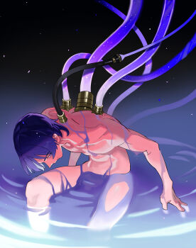 1boy body_tube bright_pupils chinese_commentary closed_mouth commentary_request completely_nude convenient_censoring genshin_impact highres knee_up leaning_forward liquid looking_at_viewer male_focus mondlc nude partially_submerged purple_eyes purple_hair ripples scaramouche_(genshin_impact) short_hair sitting smirk solo toned toned_male white_pupils