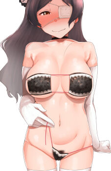 1girl bikini black_bikini blush breasts brown_eyes brown_hair brown_pubic_hair closed_mouth collarbone covered_erect_nipples cowboy_shot elbow_gloves eyepatch eyepatch_bikini female_pubic_hair gloves half-closed_eye idolmaster idolmaster_million_live! kitazawa_shiho kurozako large_breasts long_hair looking_at_viewer medical_eyepatch navel pubic_hair simple_background smile solo standing swimsuit thighhighs untied_bikini_bottom white_background white_gloves white_thighhighs