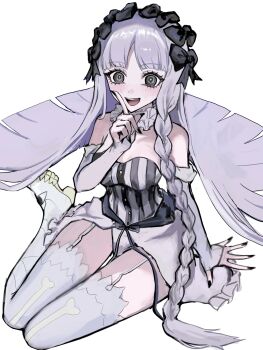 1girl absurdres bare_shoulders black_bow black_eyes black_nails blush bow braid breasts collar commentary detached_sleeves dress fate/strange_fake fate_(series) finger_to_cheek francesca_prelati_(fate) frilled_collar frills garter_straps hair_bow highres long_hair medium_breasts multiple_hair_bows rami_(zwndu0) ringed_eyes showgirl_skirt simple_background sitting skirt sleeves_past_wrists solo striped_clothes striped_dress symbol-only_commentary thighhighs very_long_hair white_background white_hair white_skirt white_thighhighs yokozuwari