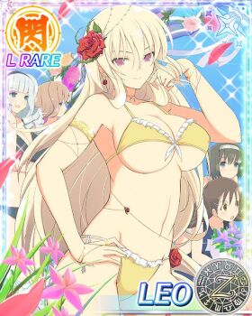 5girls :d ahoge aimu_(senran_kagura) aqua_eyes aquarius_(symbol) aries_(symbol) armlet bikini black_bikini black_hairband blonde_hair blue_eyes blue_sky blush bob_cut border bouquet bracelet breasts brown_eyes brown_hair capricorn_(symbol) card_(medium) character_name cleavage curled_ends curly_hair day dodecagram drill_hair drill_sidelocks english_text falling_petals flower front-tie_bikini_top front-tie_top gemini_(symbol) ginrei_(senran_kagura) gold_armlet gold_bracelet gold_ring grey_hair hair_between_eyes hair_flower hair_ornament hairband hand_on_own_hip jewelry kurohoro_(senran_kagura) large_breasts leaf leaf_hair_ornament leo_(senran_kagura) leo_(symbol) libra_(symbol) linea_alba long_hair looking_at_viewer micro_bikini multiple_drills multiple_girls navel official_art open_mouth orange_flower orange_rose outdoors pendant_choker petals pink_flower pink_rose pisces_(symbol) purple_eyes purple_flower purple_rose red_flower red_rose rose sagittarius_(symbol) school_emblem school_swimsuit scorpio_(symbol) senran_kagura senran_kagura_new_wave shiny_skin short_hair shuriken side-tie_bikini_bottom sidelocks sky smile sparkle swimsuit syuri_(senran_kagura) taurus_(symbol) thorns twintails very_long_hair virgo_(symbol) weapon yellow_bikini yellow_flower yellow_rose zodiac_wheel