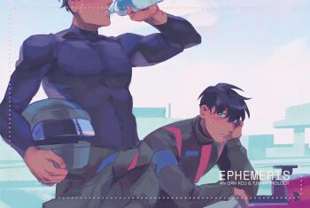 Rule 34 | 2boys, alternate universe, black bodysuit, black hair, bodysuit, bottle, character name, clothes around waist, commentary, elbow rest, english commentary, hand on own chin, head rest, helmet, highres, holding, holding bottle, holding unworn helmet, jacket, jacket around waist, kim dokja, male focus, motor vehicle, motorcycle, multiple boys, muscular, muscular male, nemomosso, official art, omniscient reader's viewpoint, promotional art, short hair, unworn headwear, unworn helmet, water bottle, yoo joonghyuk