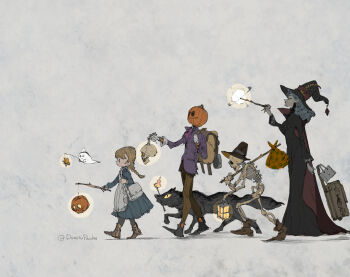 1boy 2girls apron backpack bag bindle black_cape black_dress black_footwear black_hat blonde_hair blue_dress blue_hair boots braid brown_bag brown_footwear brown_pants bug butterfly cape crystal demizu_posuka dress floating floating_object from_side full_body ghost gloves glowing grey_background halloween hat hat_feather highres holding holding_skull holding_wand insect jack-o'-lantern jack-o'-lantern_head jacket lantern long_hair long_sleeves monster_boy mouth_hold multiple_girls original pants purple_jacket rolling_suitcase shoulder_bag skeleton skull suitcase torch twitter_username walking wand white_bag white_gloves witch witch_hat wolf
