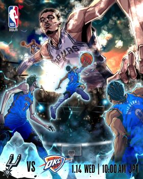 5boys artist_request ball basketball basketball_(object) basketball_hoop basketball_uniform blue_shorts chet_holmgren commentary_request dark-skinned_male dark_skin de'aaron_fox dreadlocks electricity giant headband highres holding holding_ball jalen_williams logo male_focus midair multiple_boys national_basketball_association oklahoma_city_thunder real_life san_antonio_spurs second-party_source shai_gilgeous-alexander shingeki_no_kyojin shoes shorts smoke sportswear standing victor_wembanyama white_headband white_shoes