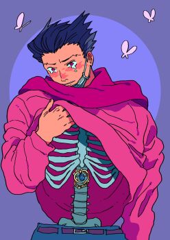 1boy ace_attorney arm_up belt belt_buckle blue_hair blue_pants blush bone brown_belt buckle bug butterfly clothes_lift cowboy_shot crying crying_with_eyes_open hair_slicked_back head_tilt highres insect long_sleeves looking_ahead male_focus mask mouth_mask pants phoenix_wright red_eyes red_scarf red_sweater ribs scarf shimamura_(5_si3) short_hair skeleton solo spine streaming_tears sweater tears