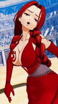 1girl 3d :o absurdres ass bare_shoulders braid breasts cleavage cleavage_cutout clothing_cutout dress fairy_tail female_focus flare_corona half-closed_eyes highres large_breasts long_hair looking_at_viewer pale_skin red_dress red_eyes red_hair scar shaded_face sideboob smile solo tattoo thick_thighs thighs threatening twin_braids walking